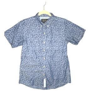 Wildfang Peau de Loup Essential Button Up Shirt Blue Floral Small Short Sleeve